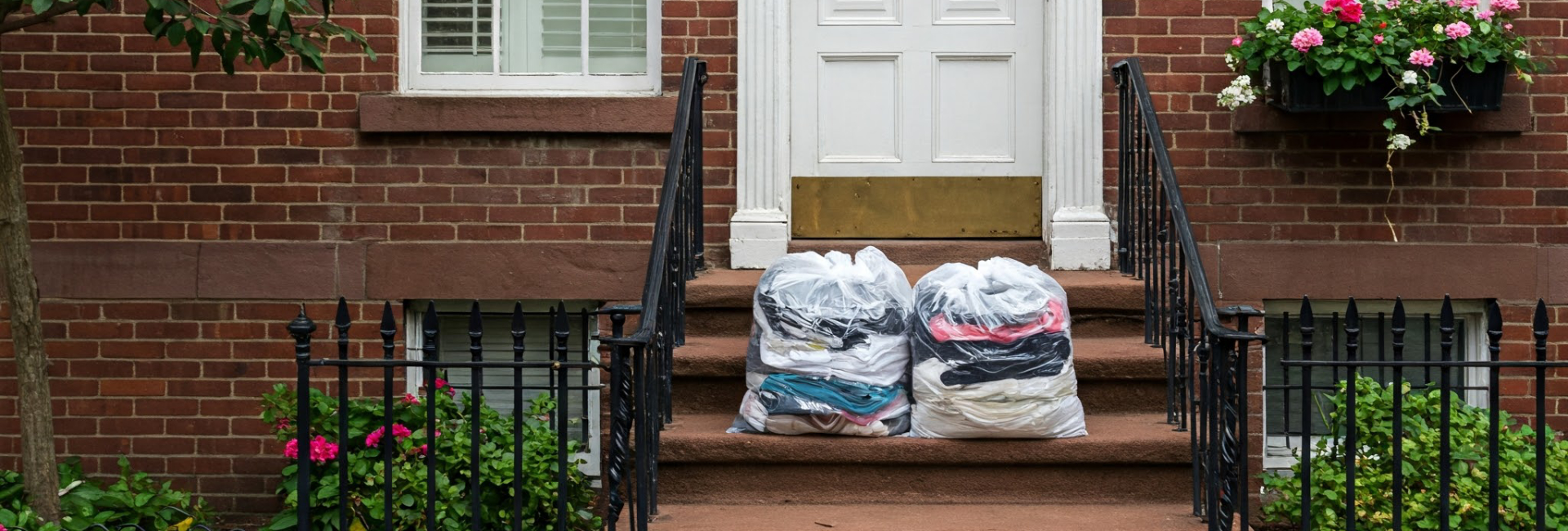 Laundry In Plastic Bags On Door Step Of Inner City Home 1920X650