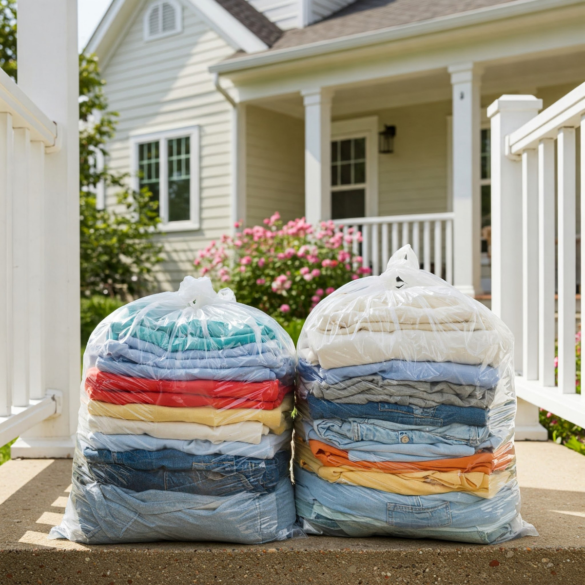 Laundry In Plastic Bags On Door Step Of Suburban Home 1200X1200